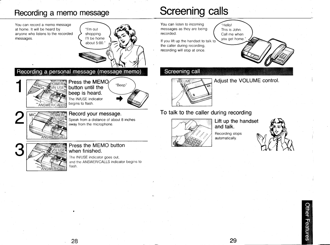 Panasonic KX-T1 460, KX-T1 461 manual Screeningcalls, To talkto thecallerduringrecording 