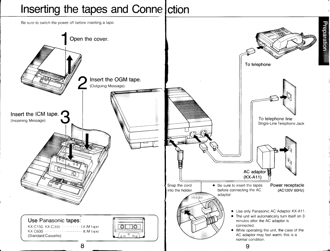 Panasonic KX-T1 460, KX-T1 461 manual InsertingthetapesandConnection, Insertthe ICMtaPe, InserttheOGMtape, UsePanasonictapes 