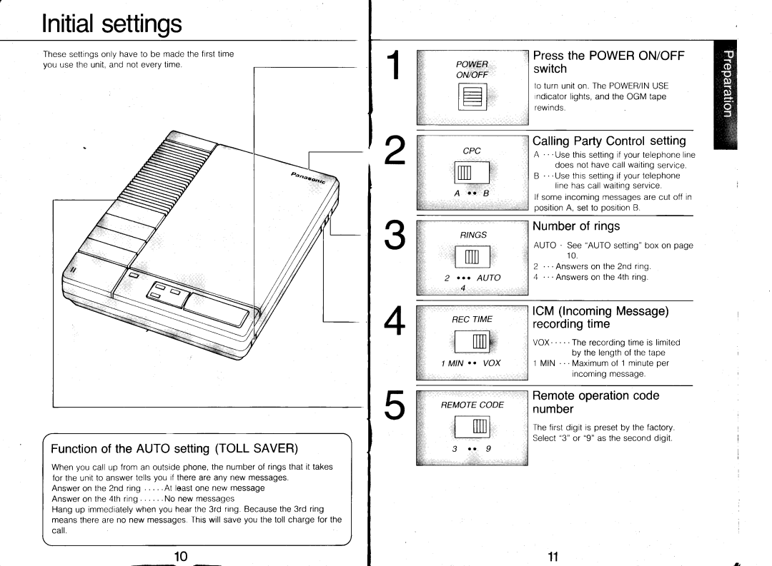 Panasonic KX-T1 461 Pressthe POWERON/OFF, Functionof theAUTOsettingTOLLSAVER, CallingPartyControlsetting, Numberof rings 