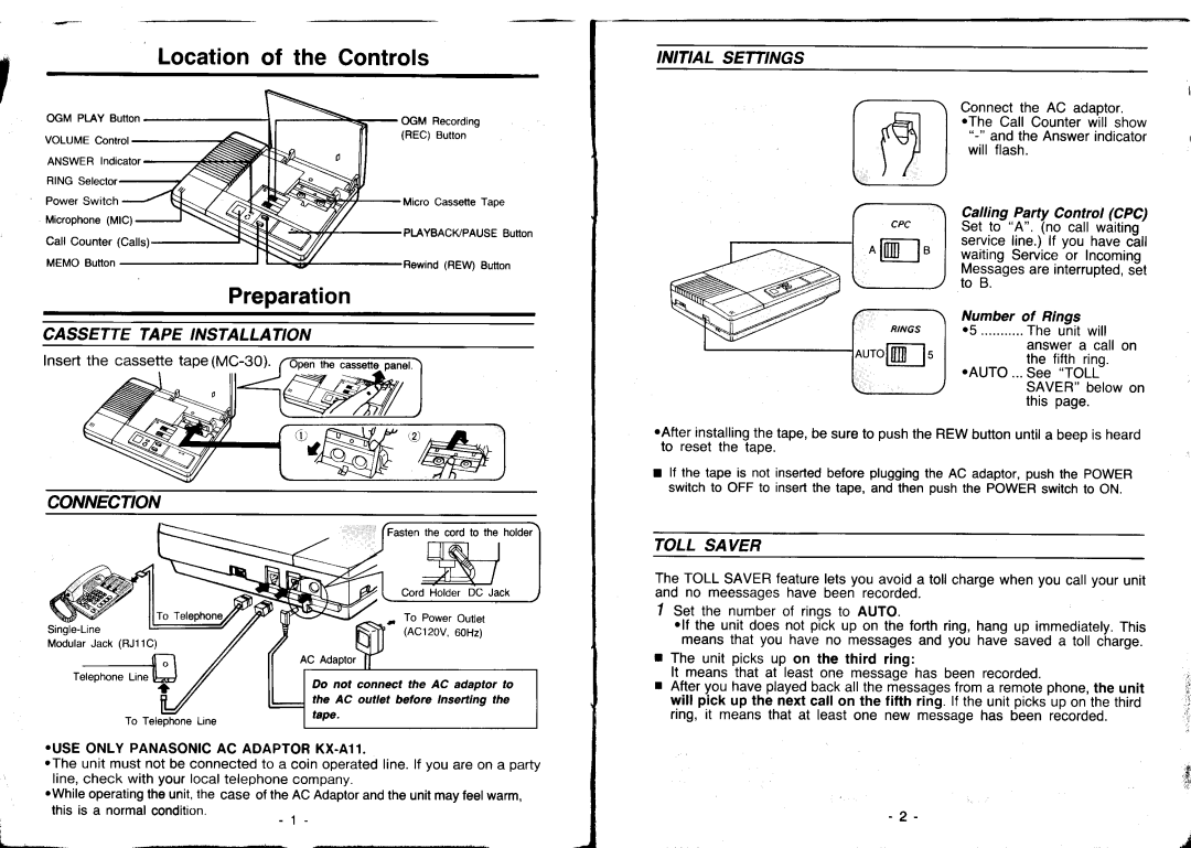 Panasonic KX-T1000 manual Locationof the Controls, Preparation, Cassettetape Installation, Connection 