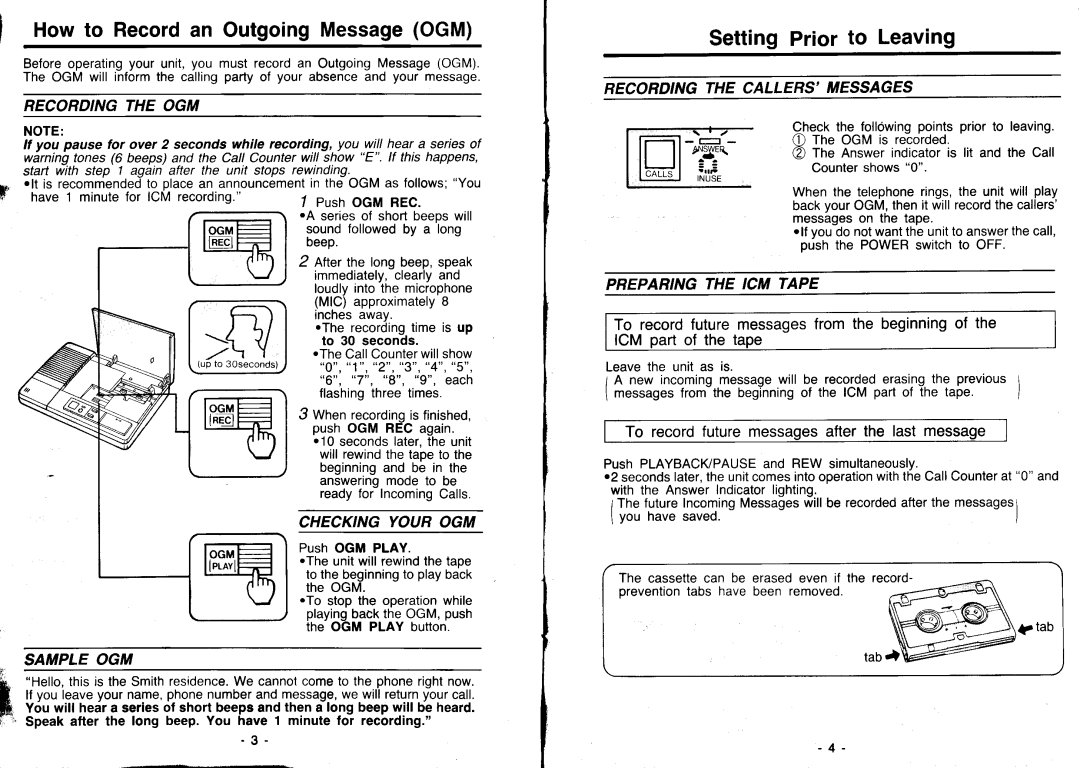 Panasonic KX-T1000 manual SettingPrior to Leaving, Recordingthe OGM, Checkingyourogm, Recordingthe Callersmessages 