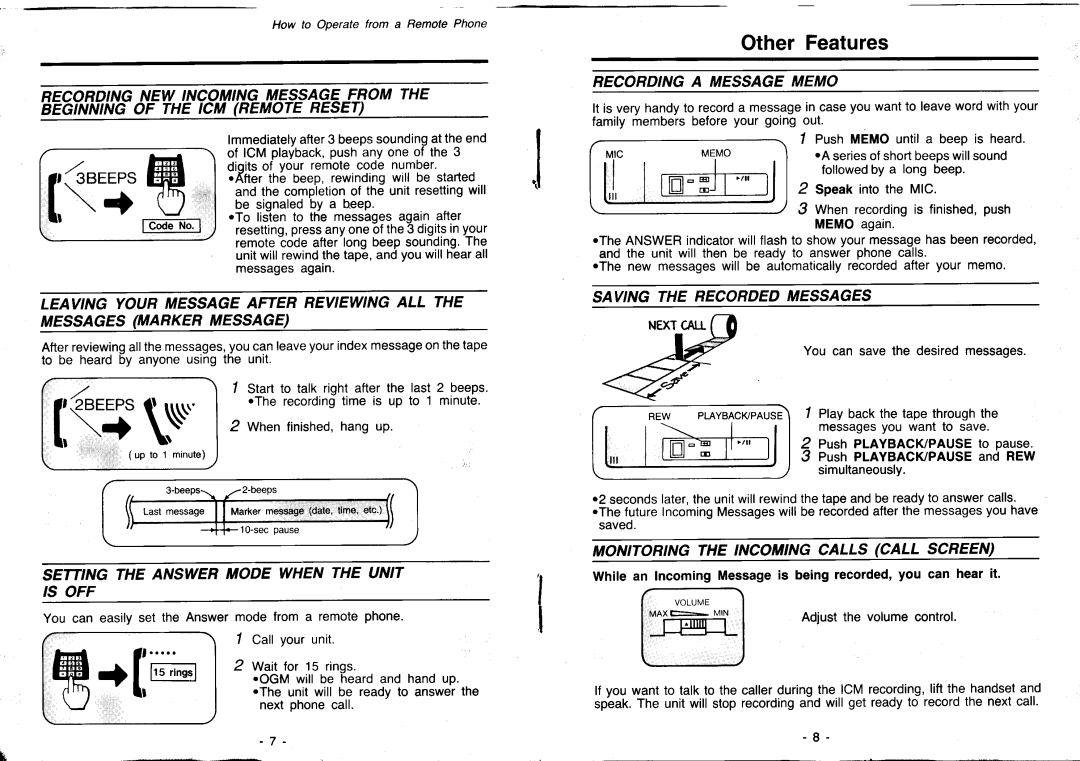 Panasonic KX-T1000 manual Other Features, Settingthe Answermode When the Unit is OFF, Recordinga Messagememo 