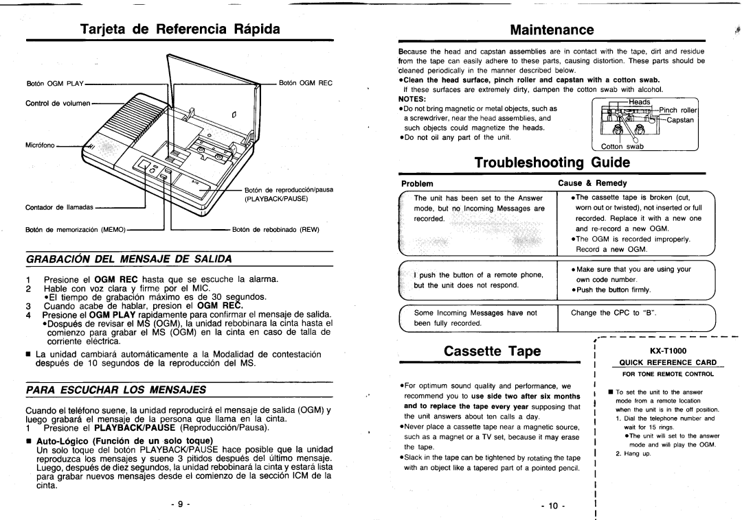 Panasonic KX-T1000 manual Maintenance, TroubleshootingGuide, CassetteTape, Grabacion DEL Mensaje DE Salida 