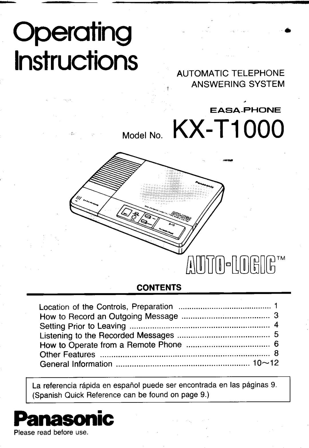 Panasonic KX-T1000 manual Automatictelephone Answeringsystem, Contents, Howto RecordanOutgoingMessage, OtherFeatures 
