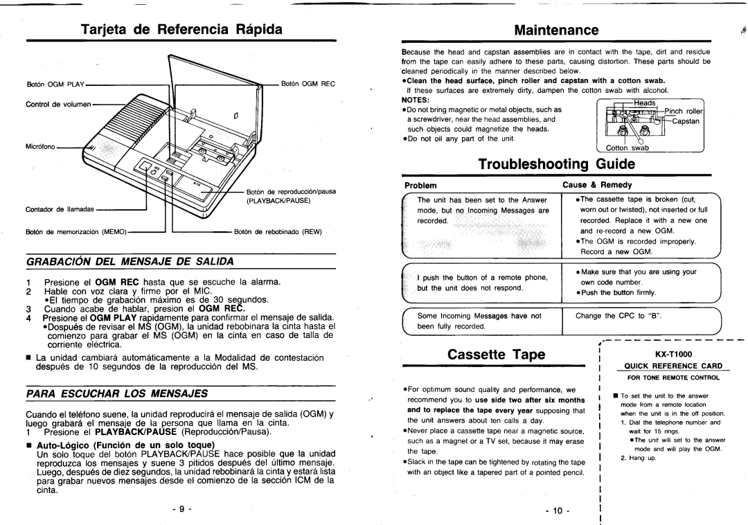 Panasonic KX-T1000 manual Maintenance, TroubleshootingGuide, CassetteTape, Tarjeta de ReferenciaRaipida 