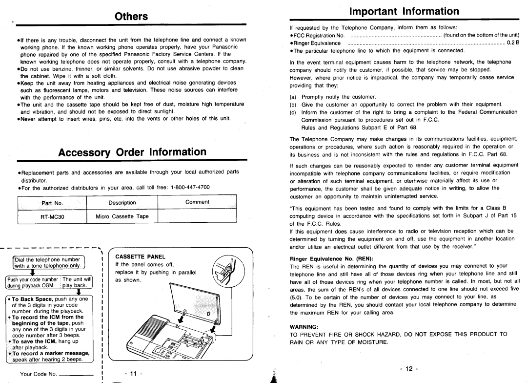 Panasonic KX-T1000 manual Others, AccessoryOrder Information, lmportantInformation, Description, 0.2B 