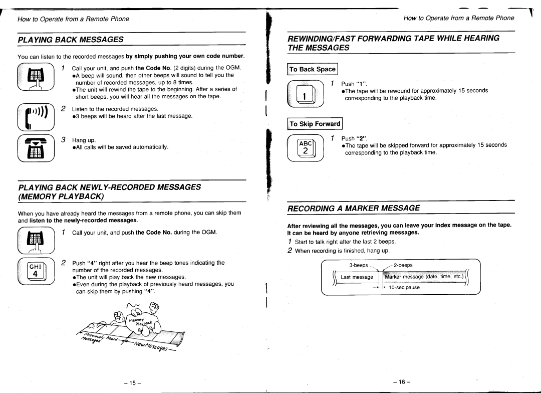 Panasonic KX-T1451 manual Playingback Messages, PLAYINGBACKNEWLY.RECORDEDMESSAGES Memoryplayback, Recordinga Markermessage 