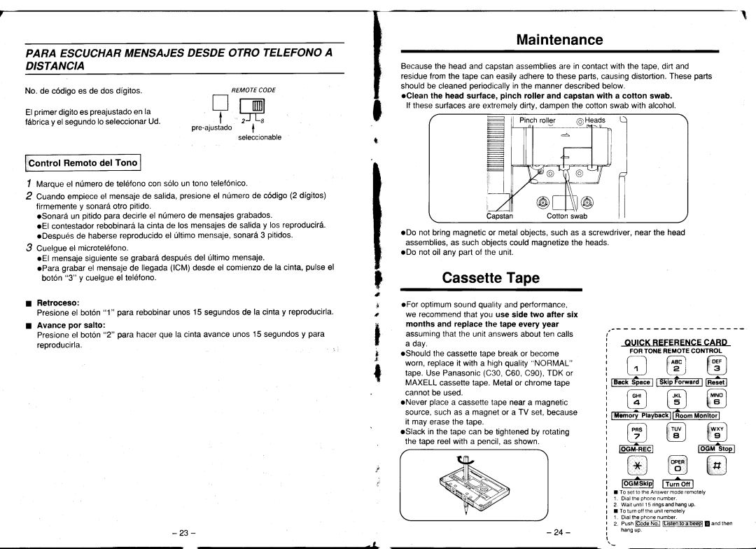 Panasonic KX-T1451 manual CassetteTape, Maintenance, Paraescucharmensajesdesdeotrotelefonoa Distancia, ControlRemotodelTono 