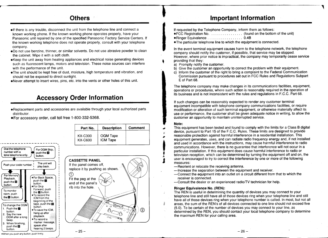 Panasonic KX-T1450 Others, AccessoryOrderInformation, LmportantInformation, For accessoryorder,calltollfree1-800-332-5368 