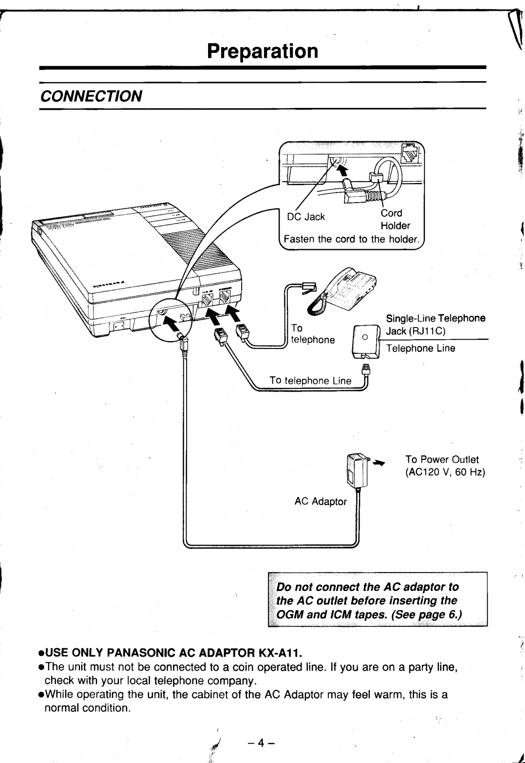 Panasonic KX-T1451, KX-T1450 manual Preparation, Connection, =/ sinsre-Linererephone 