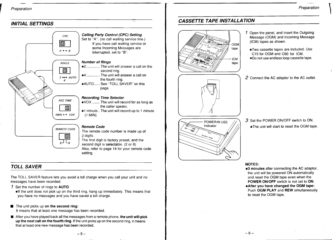 Panasonic KX-T1450 Initialsettings, Cassettetapeinstallation, Toll Saver, Preparation, ConnecttheAC adaptorto theAC outlet 