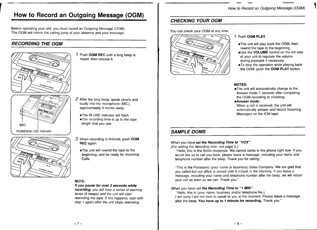 Panasonic KX-T1451, KX-T1450 manual How to Recordan OutgoingMessageOGM, Recordingtheogm, Checkingyourogm, Sampleogms 