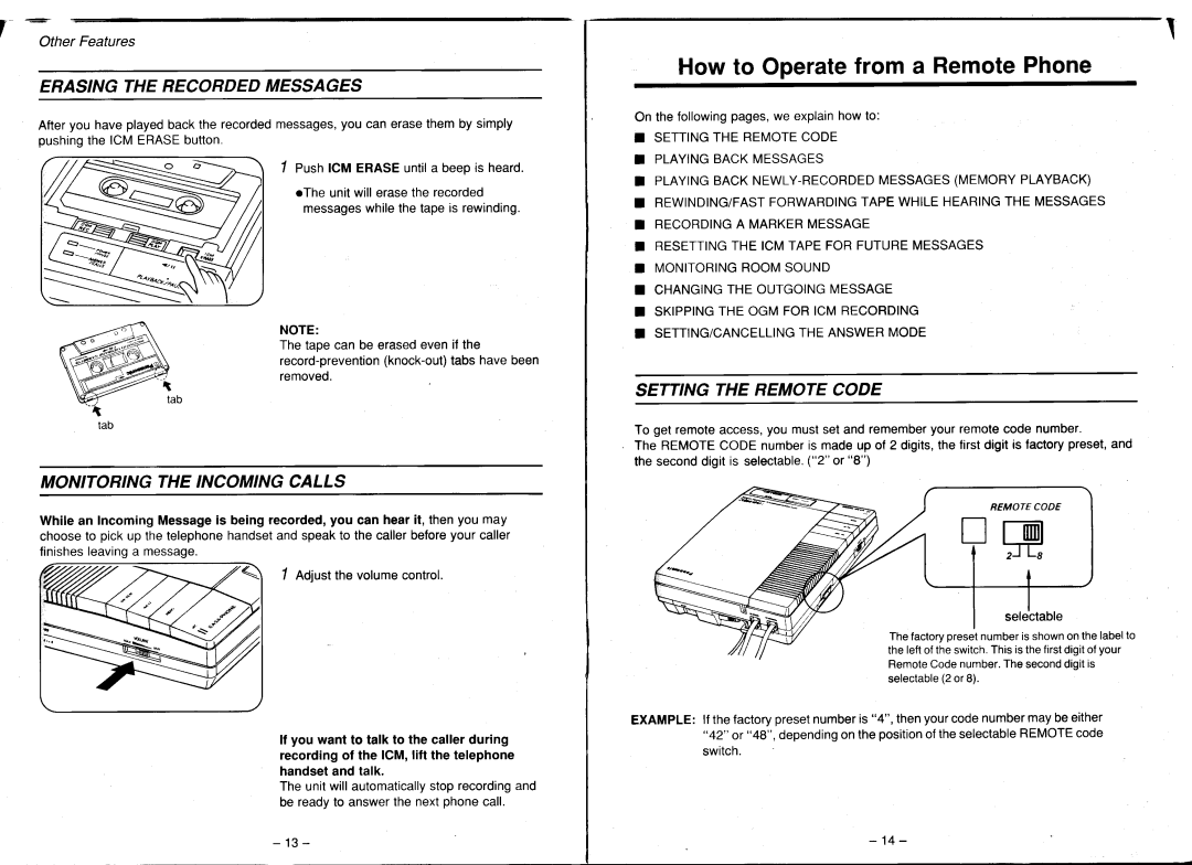 Panasonic KX-T1450 Howto Operatefrom a RemotePhone, Erasingtherecordedmessages, Monitoringtheincomingcalls, OtherFeatures 