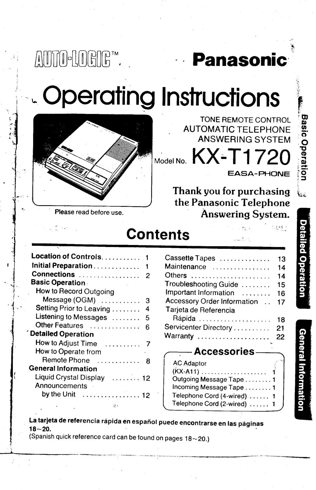 Panasonic KX-T1720 warranty OperotingInstructionslj, Contents 