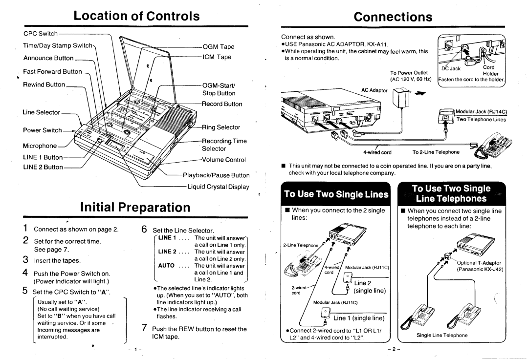 Panasonic KX-T1720 warranty Locationof Controls, InitialPreparation, Connections, Line1 singleline 