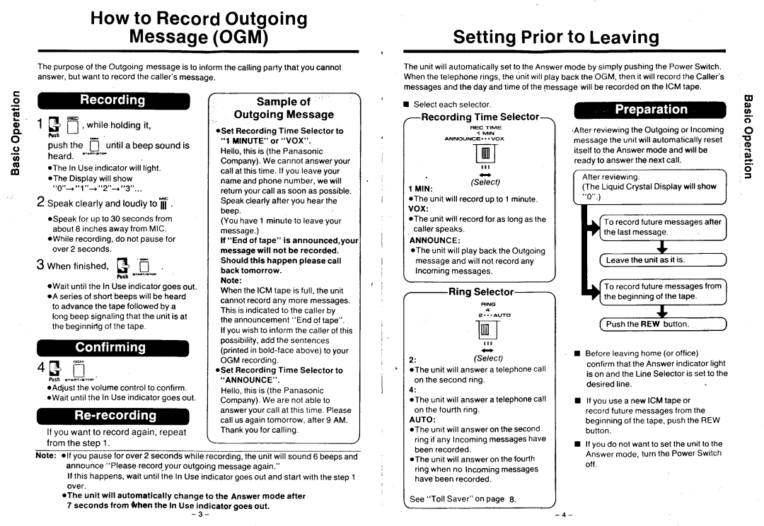 Panasonic KX-T1720 warranty Howto RecordOutgoing MessageOGM, SettingPriorto Leaving, Sampleof OutgoingMessage 