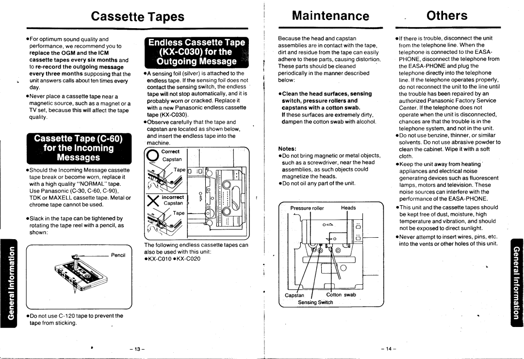 Panasonic KX-T1720 warranty XffiTx, CassetteTapes Maintenance Others 