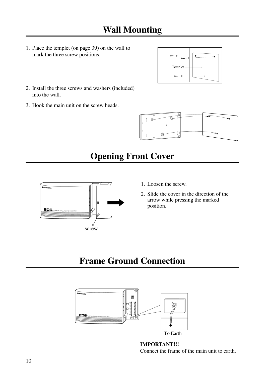 Panasonic KX-T206E manual Wall Mounting, Opening Front Cover, Frame Ground Connection 