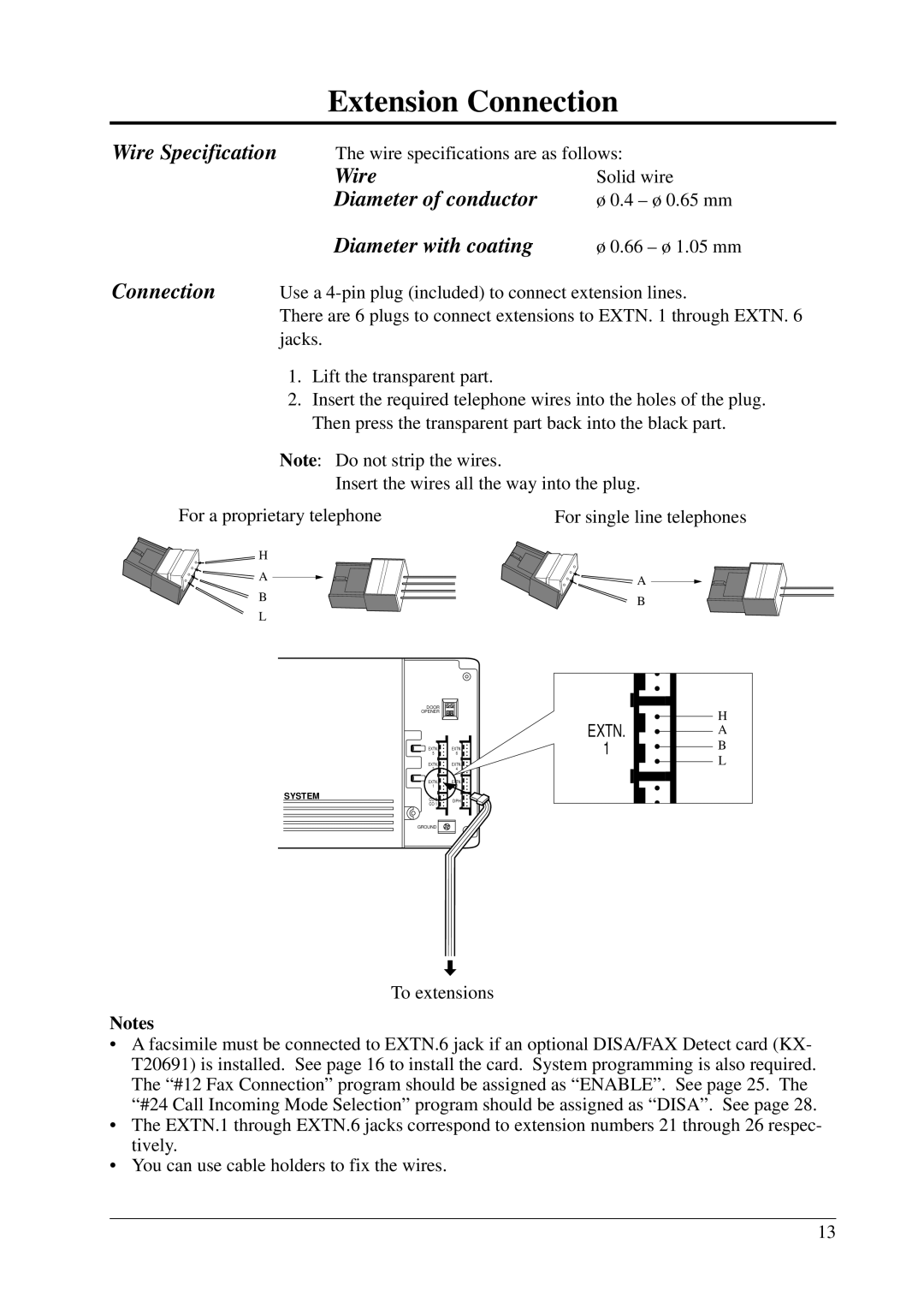 Panasonic KX-T206E manual Extension Connection, Wire Diameter of conductor 