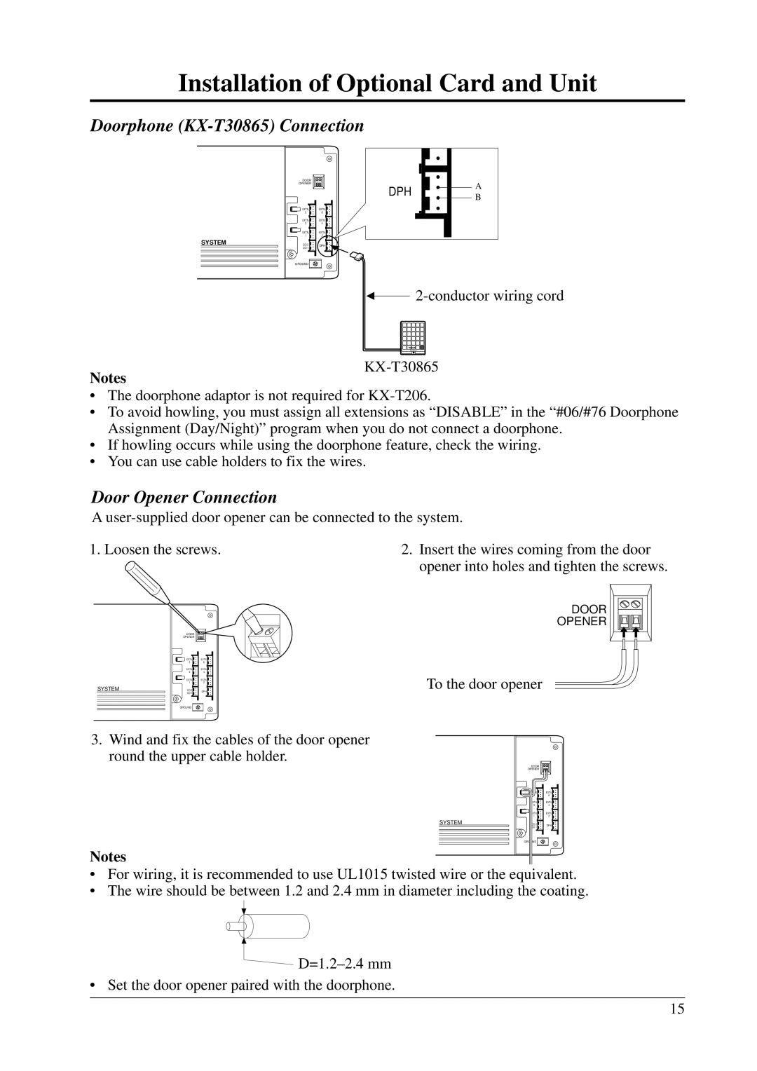 Panasonic KX-T206E manual Installation of Optional Card and Unit, Doorphone KX-T30865 Connection, Door Opener Connection 