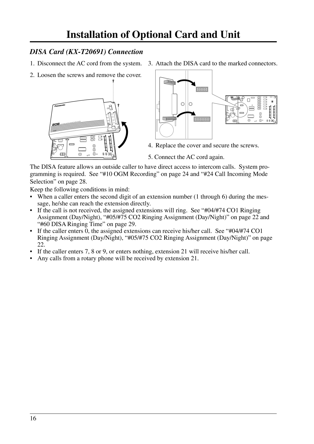 Panasonic KX-T206E manual Disa Card KX-T20691 Connection 