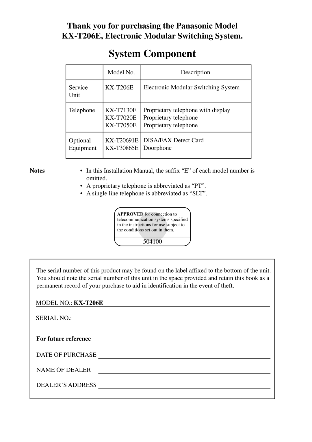 Panasonic KX-T206E manual System Component, For future reference 