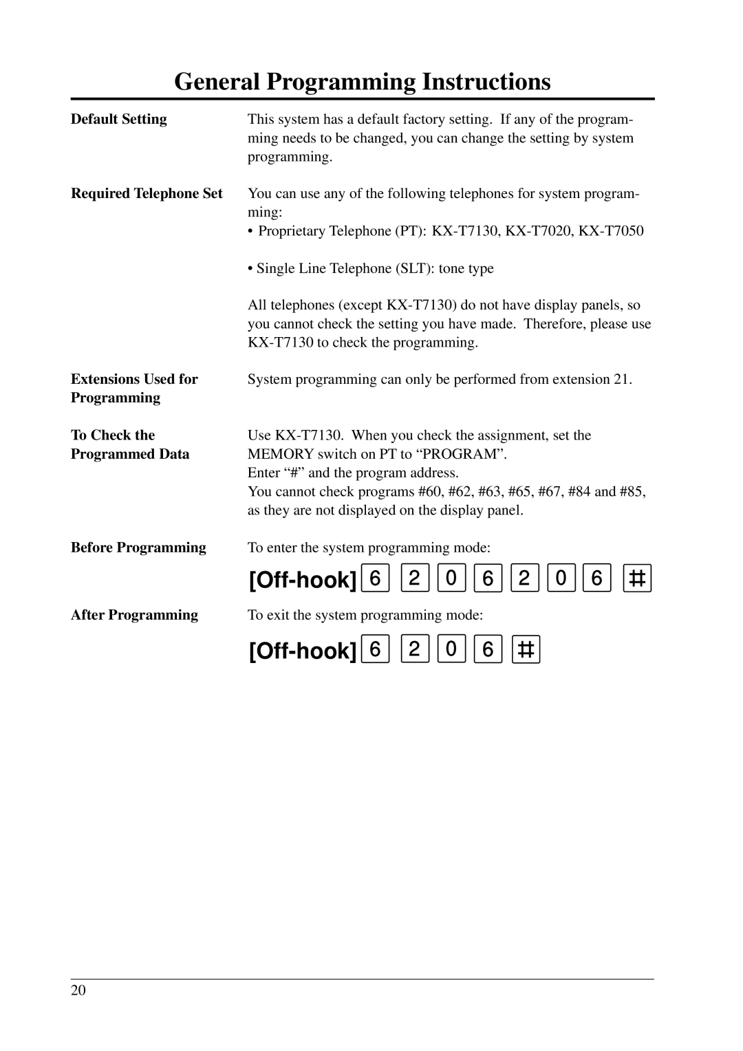 Panasonic KX-T206E manual General Programming Instructions 