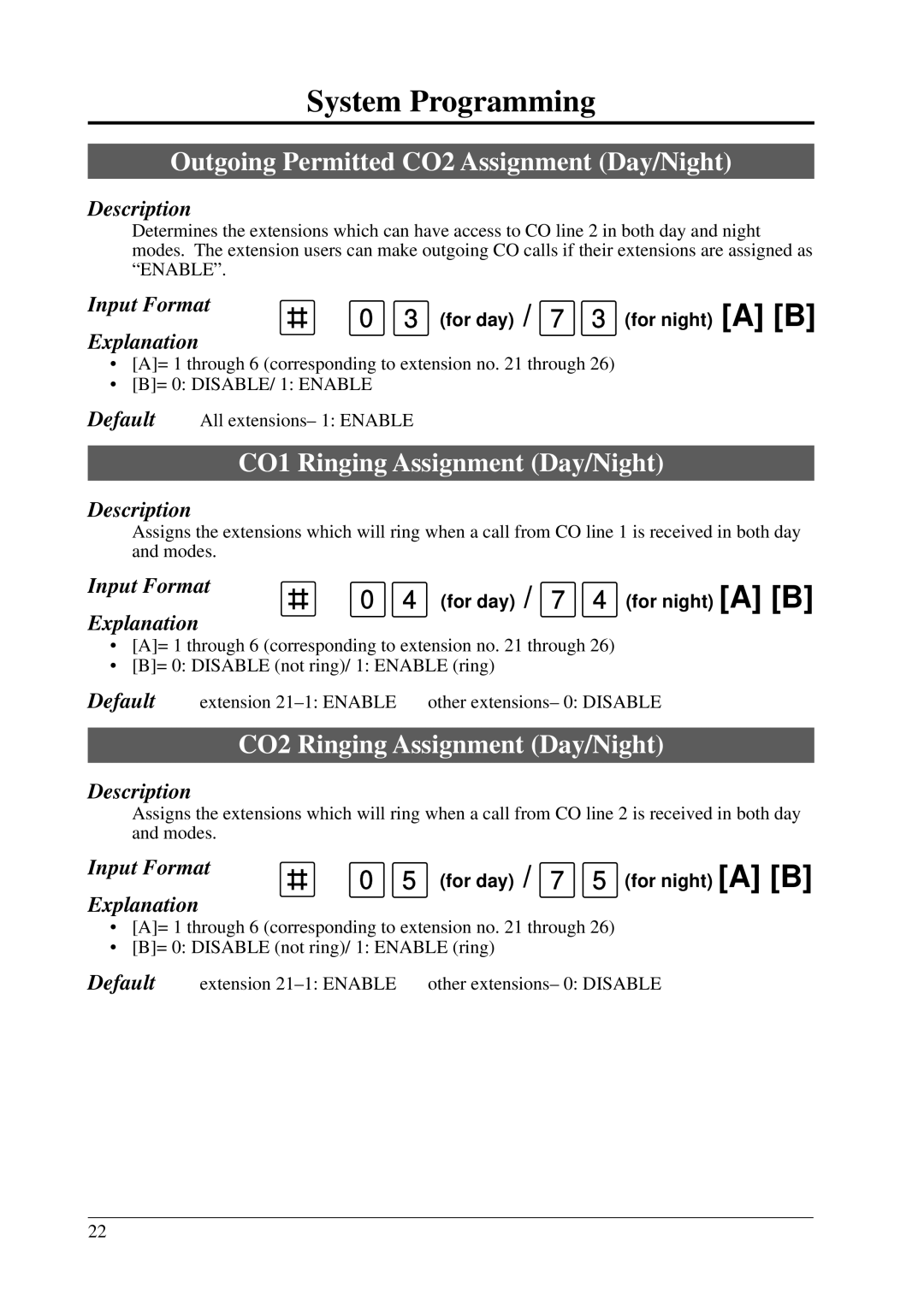 Panasonic KX-T206E manual Outgoing Permitted CO2 Assignment Day/Night, CO1 Ringing Assignment Day/Night 