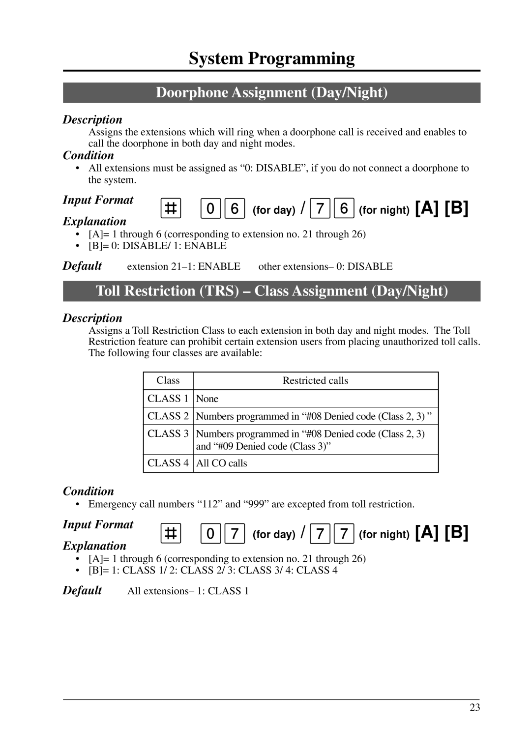 Panasonic KX-T206E manual Doorphone Assignment Day/Night, Toll Restriction TRS Class Assignment Day/Night 