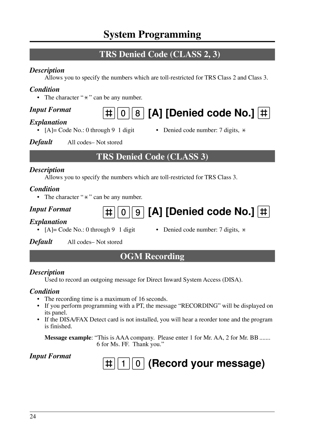 Panasonic KX-T206E manual TRS Denied Code Class 2, OGM Recording 