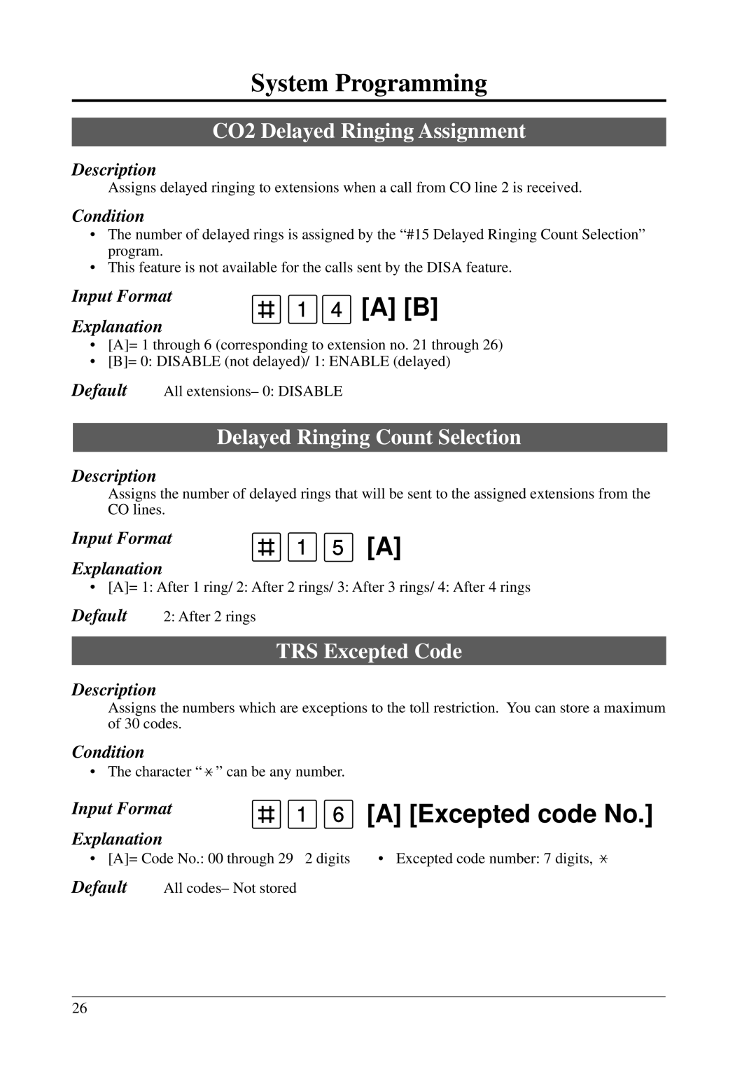 Panasonic KX-T206E manual CO2 Delayed Ringing Assignment, Delayed Ringing Count Selection, TRS Excepted Code 