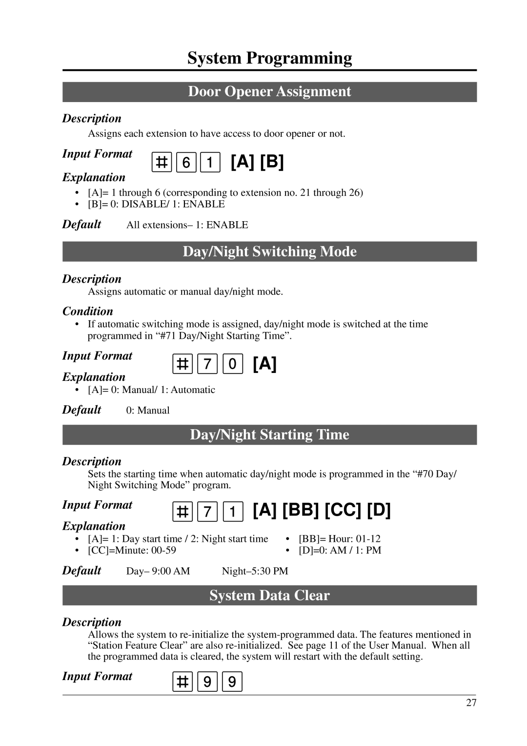 Panasonic KX-T206E manual Door Opener Assignment, Day/Night Switching Mode, Day/Night Starting Time, System Data Clear 