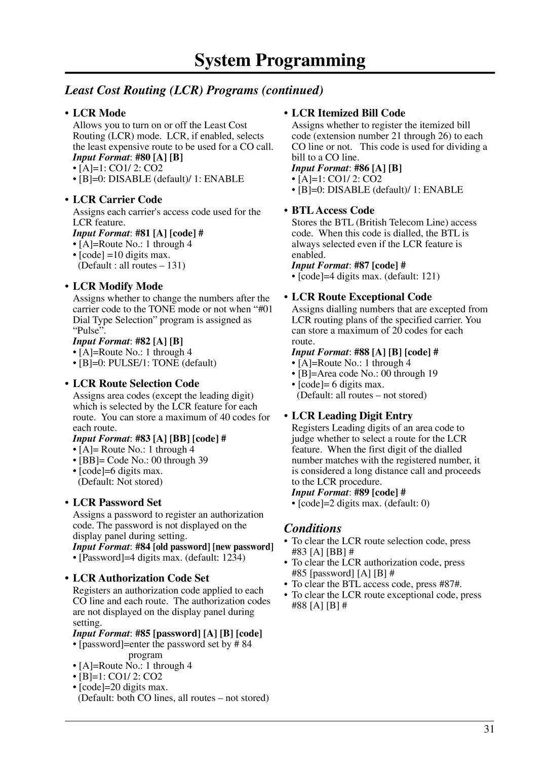 Panasonic KX-T206E manual Conditions 