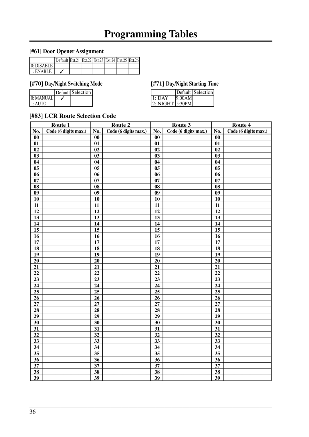 Panasonic KX-T206E manual #61 Door Opener Assignment, #70 Day/Night Switching Mode, #71 Day/Night Starting Time 