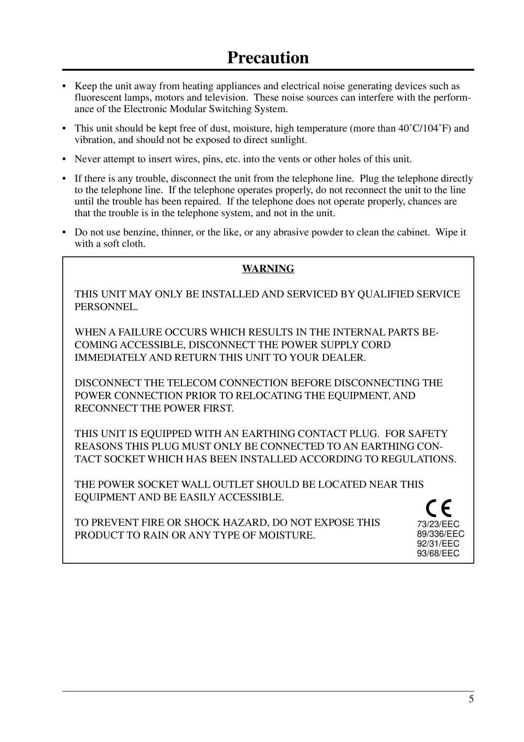 Panasonic KX-T206E manual Precaution 