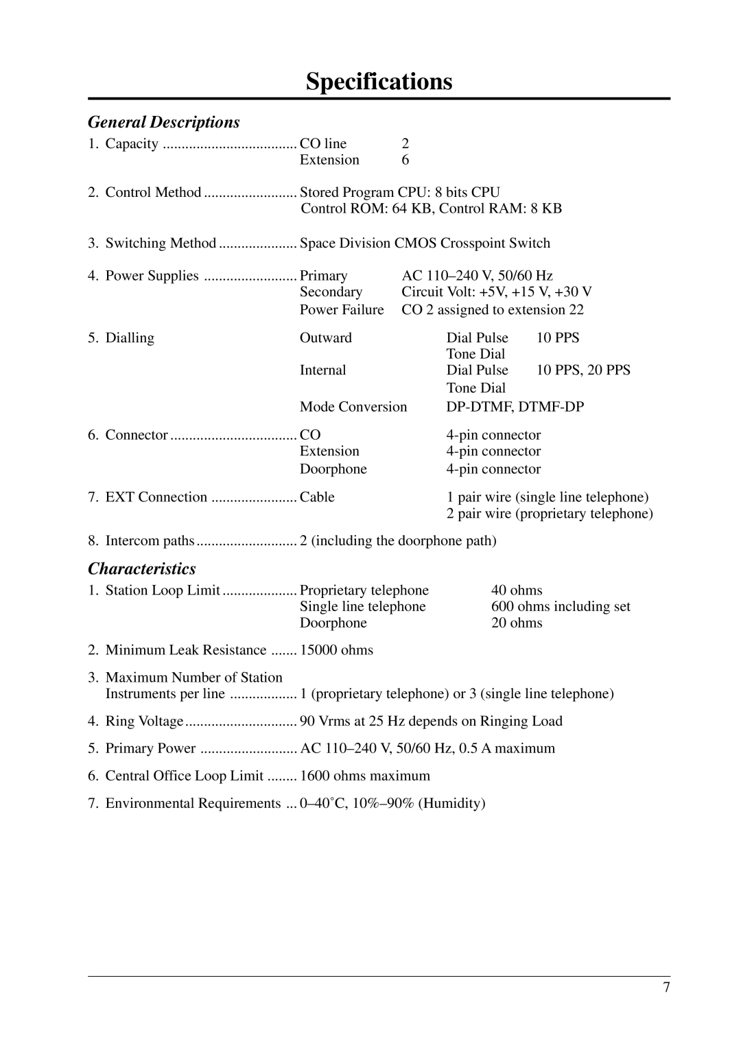 Panasonic KX-T206E manual Specifications, General Descriptions, Characteristics 