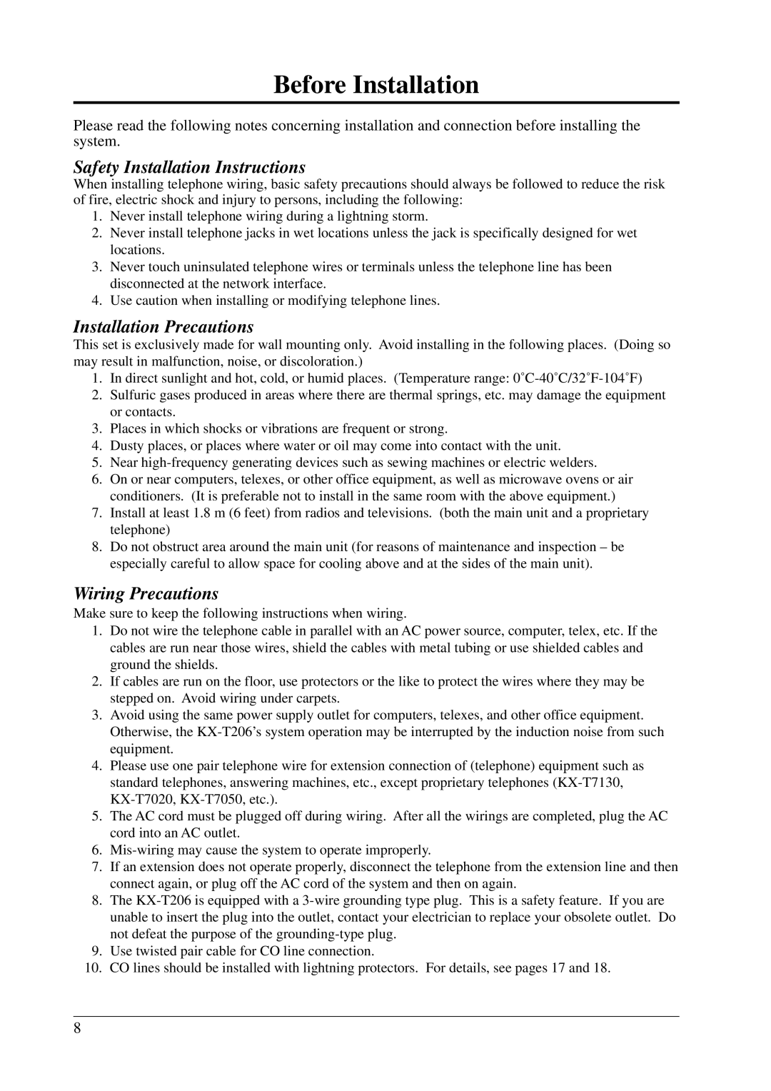 Panasonic KX-T206E Before Installation, Safety Installation Instructions, Installation Precautions, Wiring Precautions 