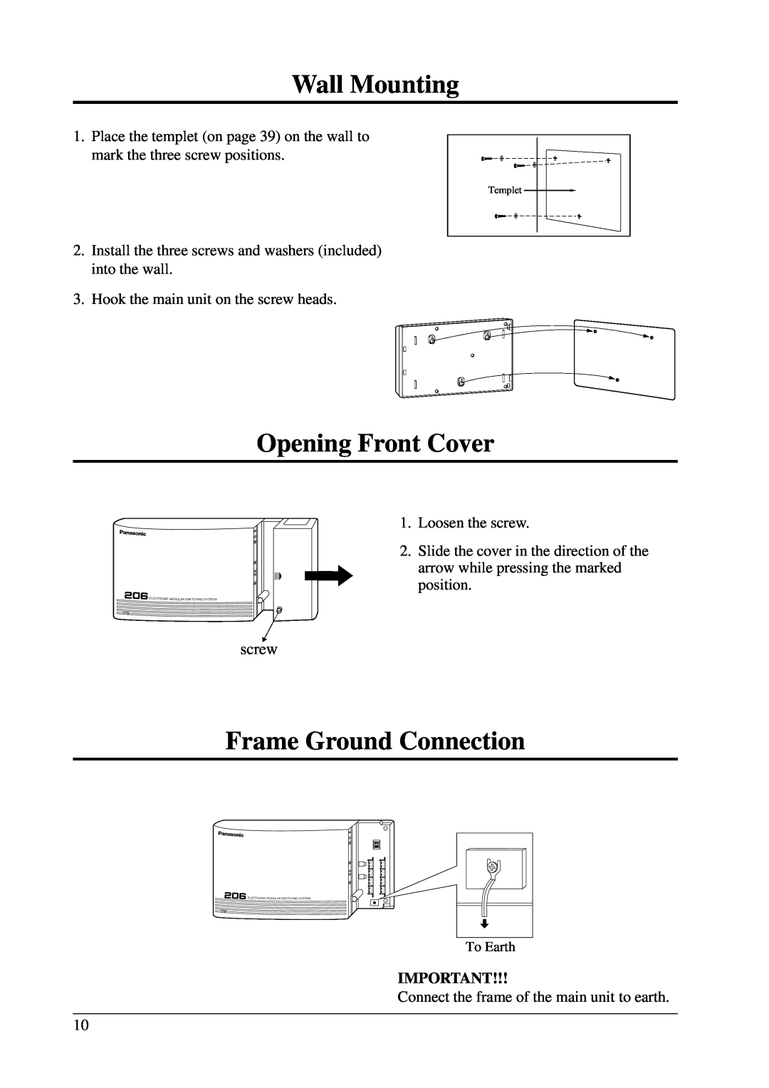 Panasonic KX-T206E manual Wall Mounting, Opening Front Cover, Frame Ground Connection, screw 