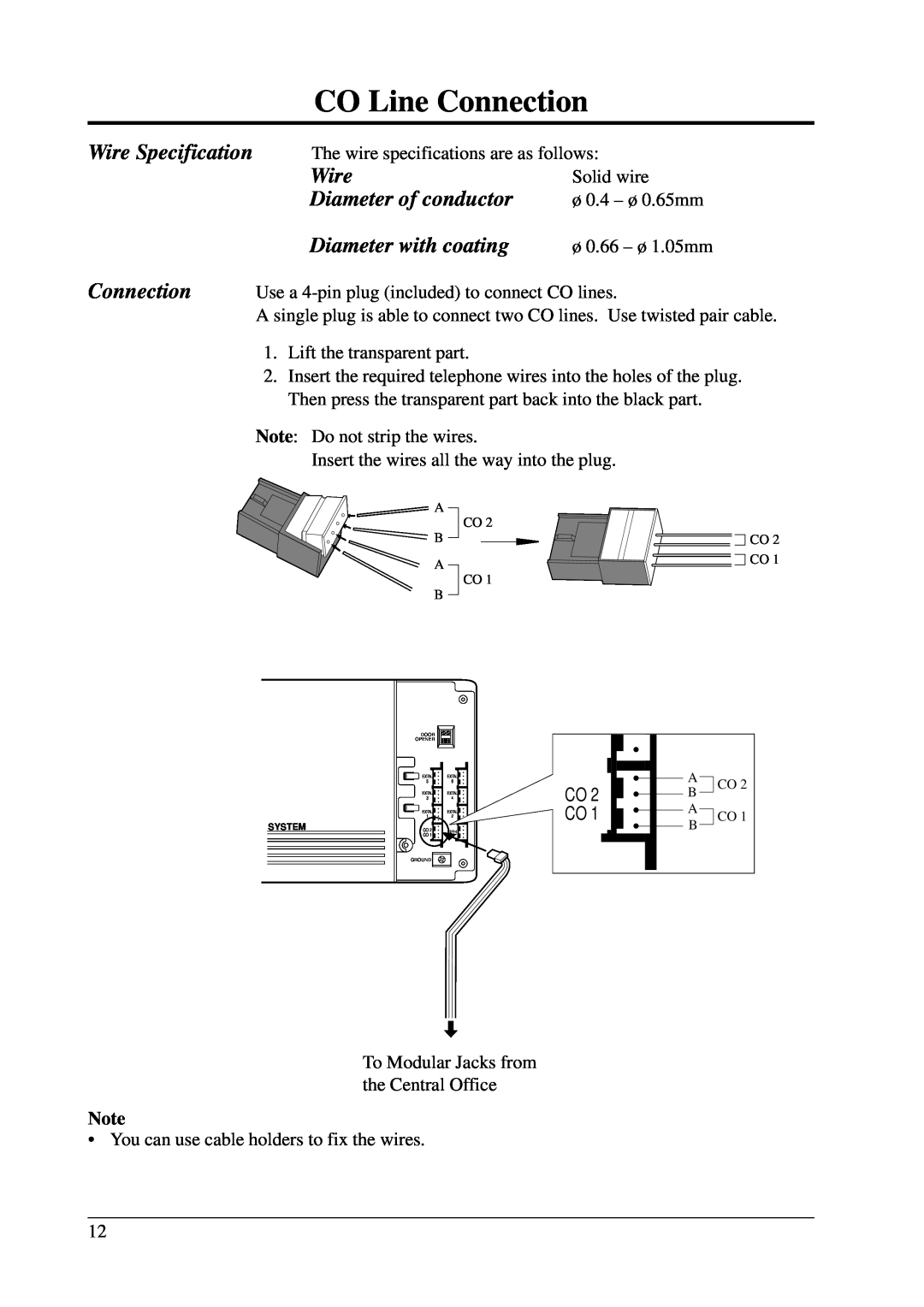 Panasonic KX-T206E manual CO Line Connection, Wire Specification, Diameter of conductor, Diameter with coating 