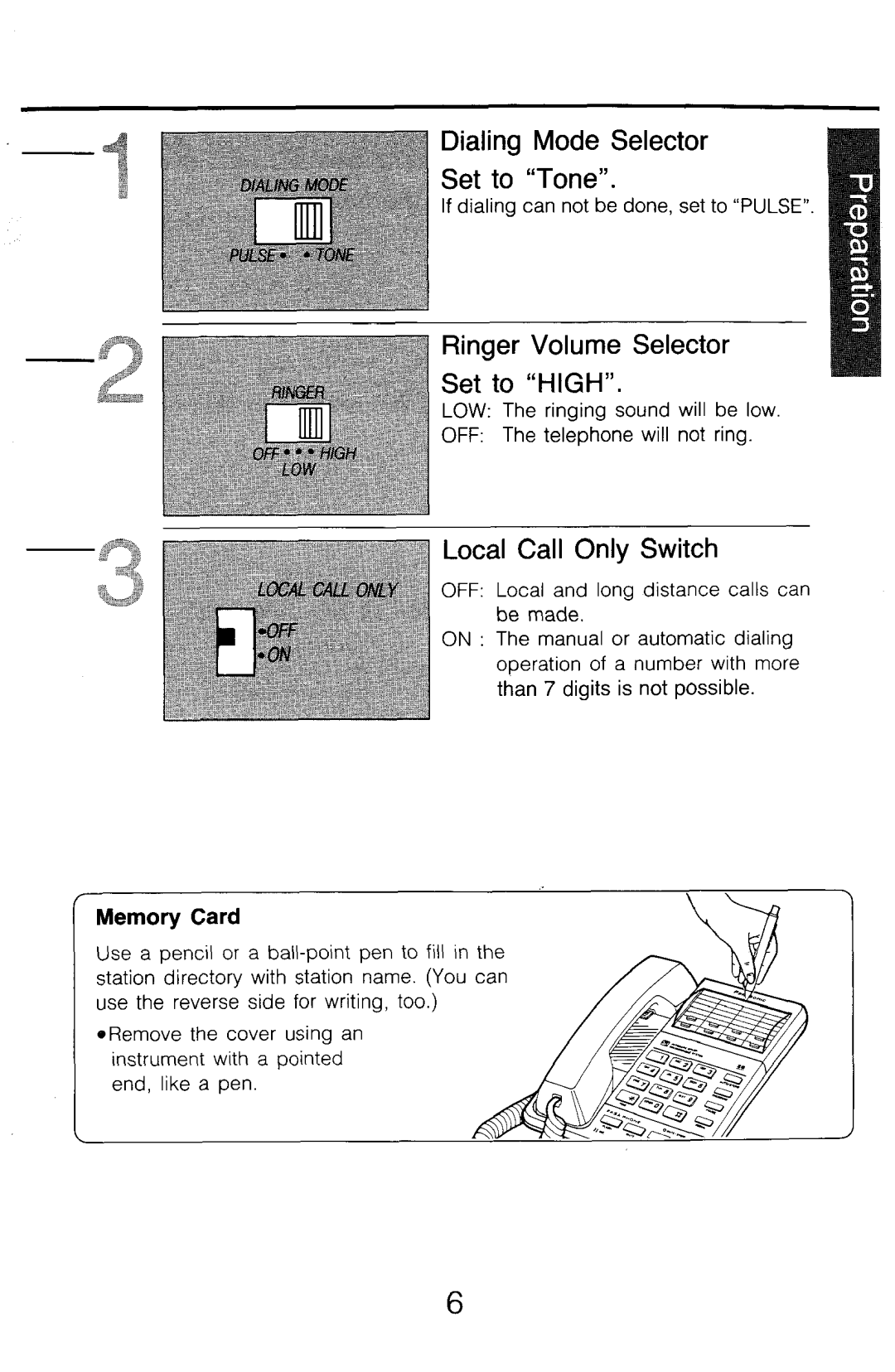 Panasonic KX-T2315 manual Dialing Mode Selector Set to Tone, Ringer Volume Selector Set to High, Local Call Only Switch 