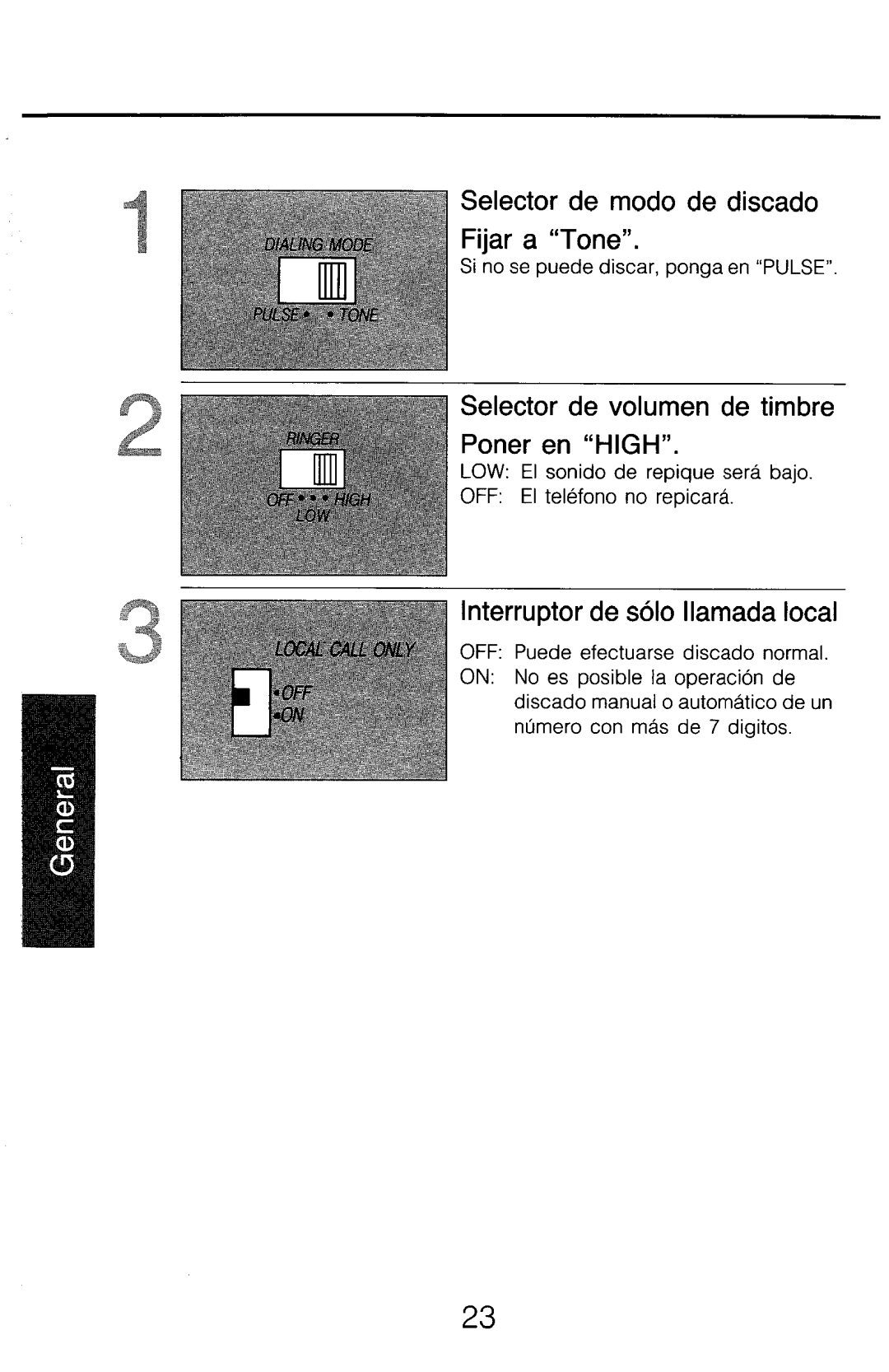 Panasonic KX-T2315 manual Selector de modo de discado Fijar a Tone, Selector de volumen de timbre Poner en High 