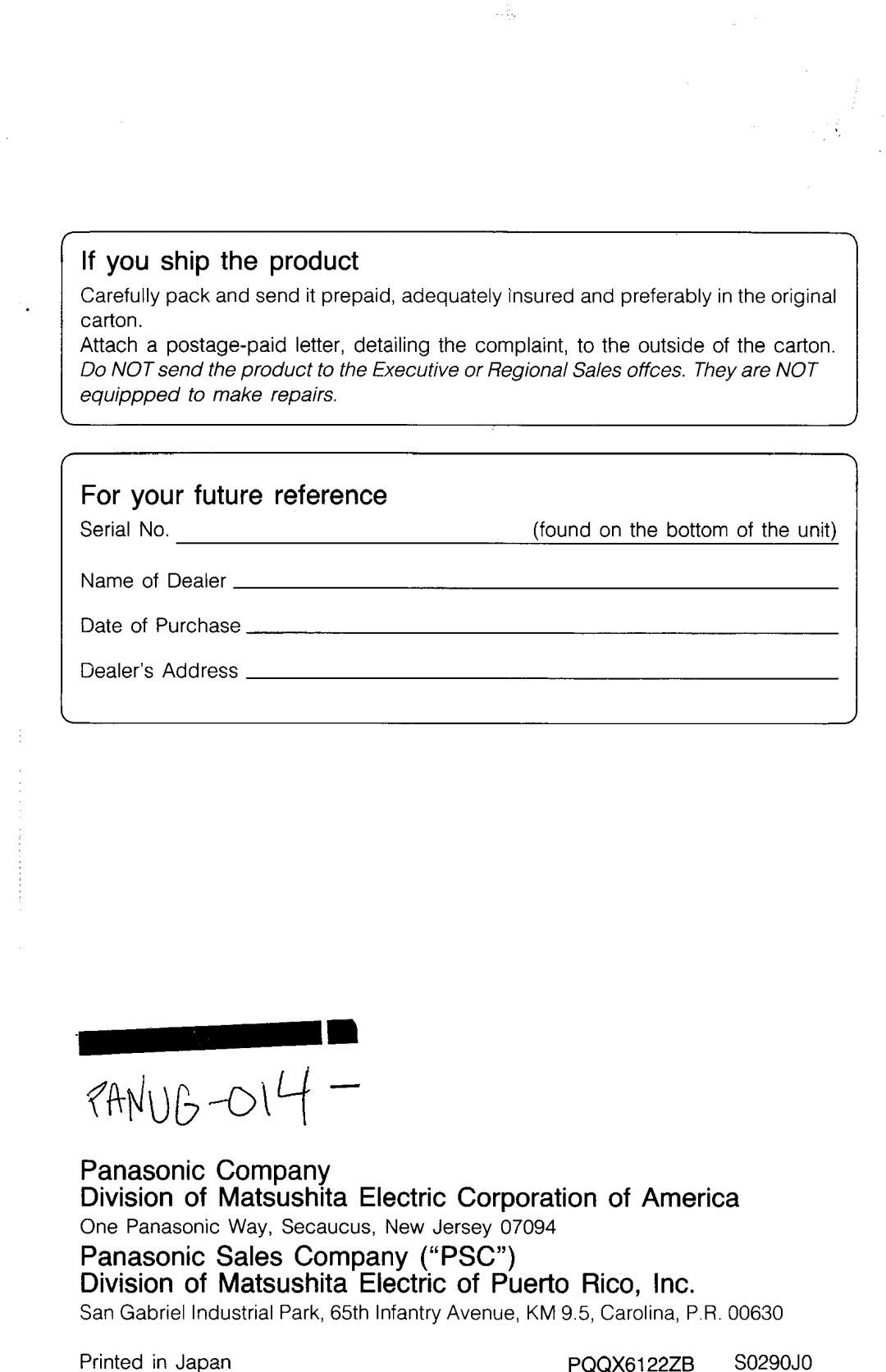 Panasonic KX-T2315 manual If you ship the product, For Your future Reference 