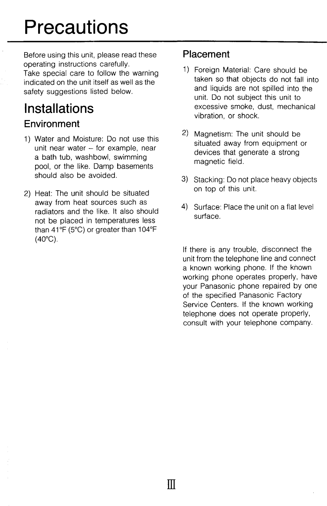 Panasonic KX-T2315 manual Precautions, Environment, Placement 