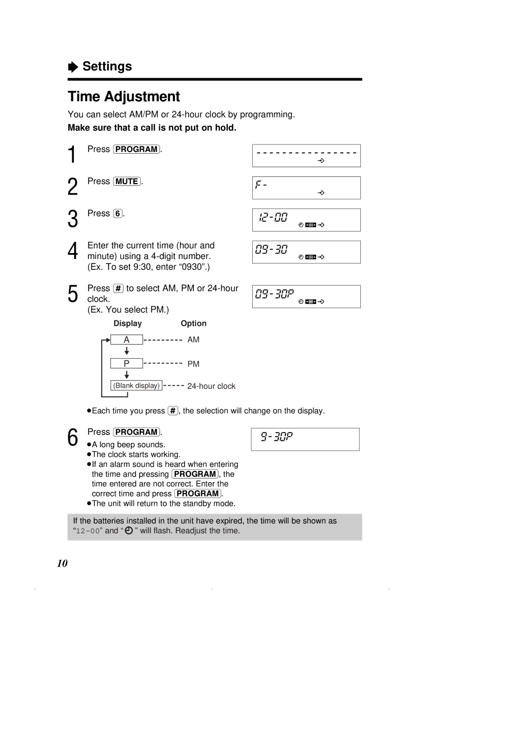 Panasonic KX-T2375ALW operating instructions Time Adjustment, You can select AM/PM or 24-hour clock by programming 