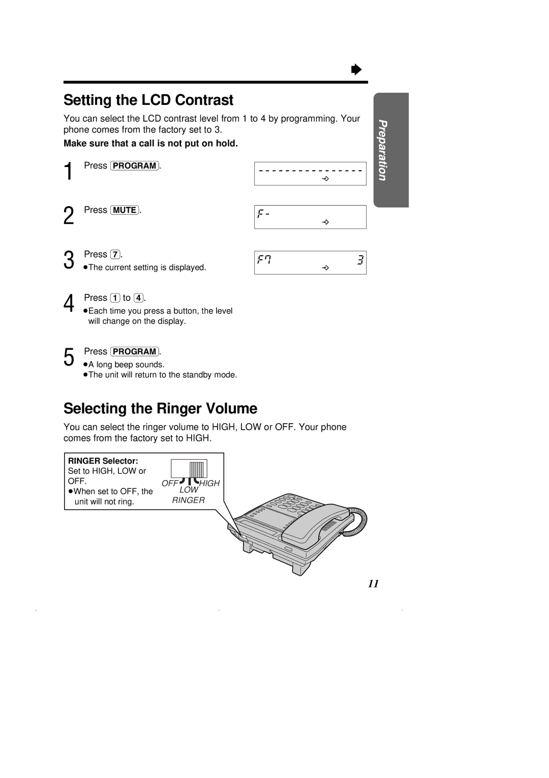 Panasonic KX-T2375ALW operating instructions Setting the LCD Contrast, Selecting the Ringer Volume, Press 1 to 