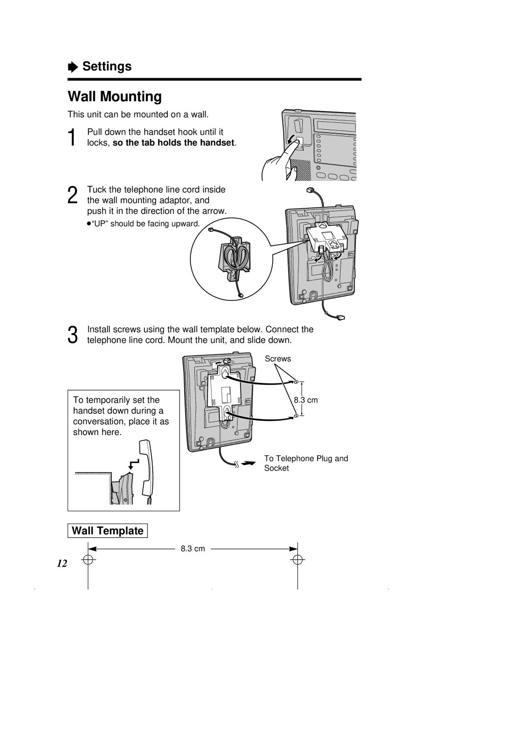 Panasonic KX-T2375ALW operating instructions Wall Mounting, Wall Template, Locks, so the tab holds the handset 