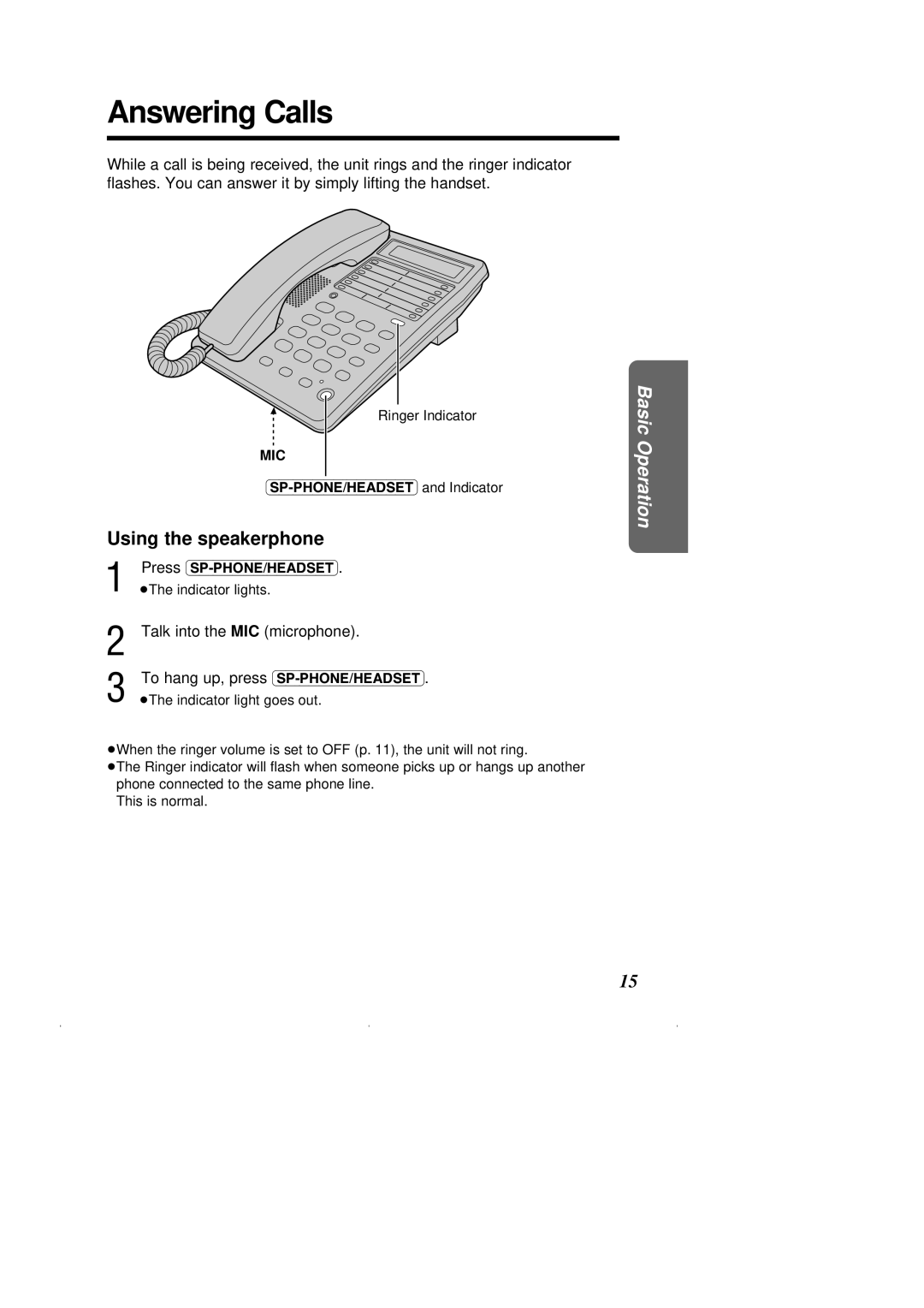 Panasonic KX-T2375ALW operating instructions Answering Calls, Talk into the MIC microphone 