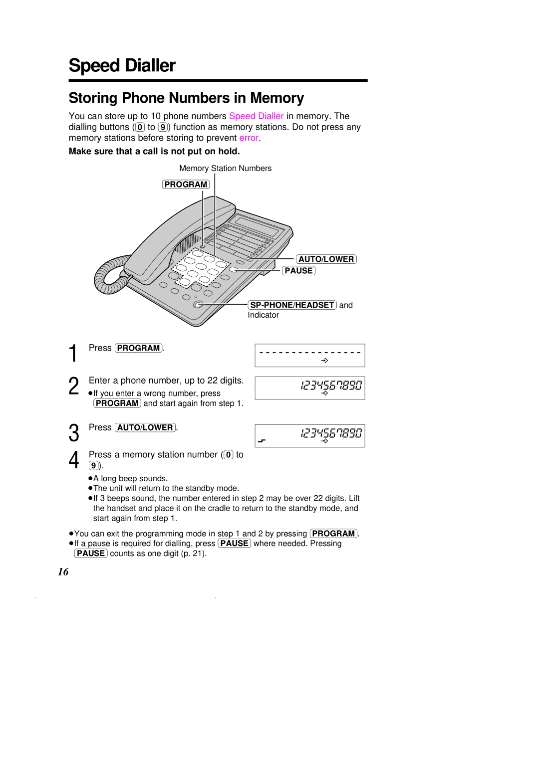 Panasonic KX-T2375ALW Speed Dialler, Storing Phone Numbers in Memory, Enter a phone number, up to 22 digits 