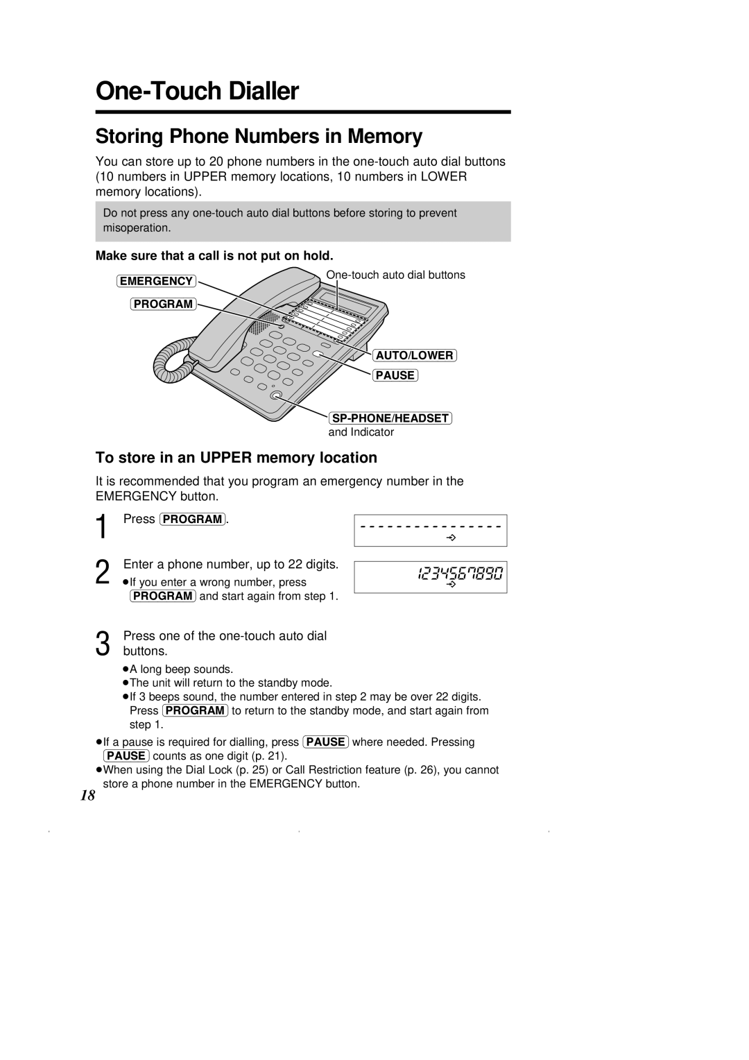 Panasonic KX-T2375ALW operating instructions One-Touch Dialler, To store in an Upper memory location 