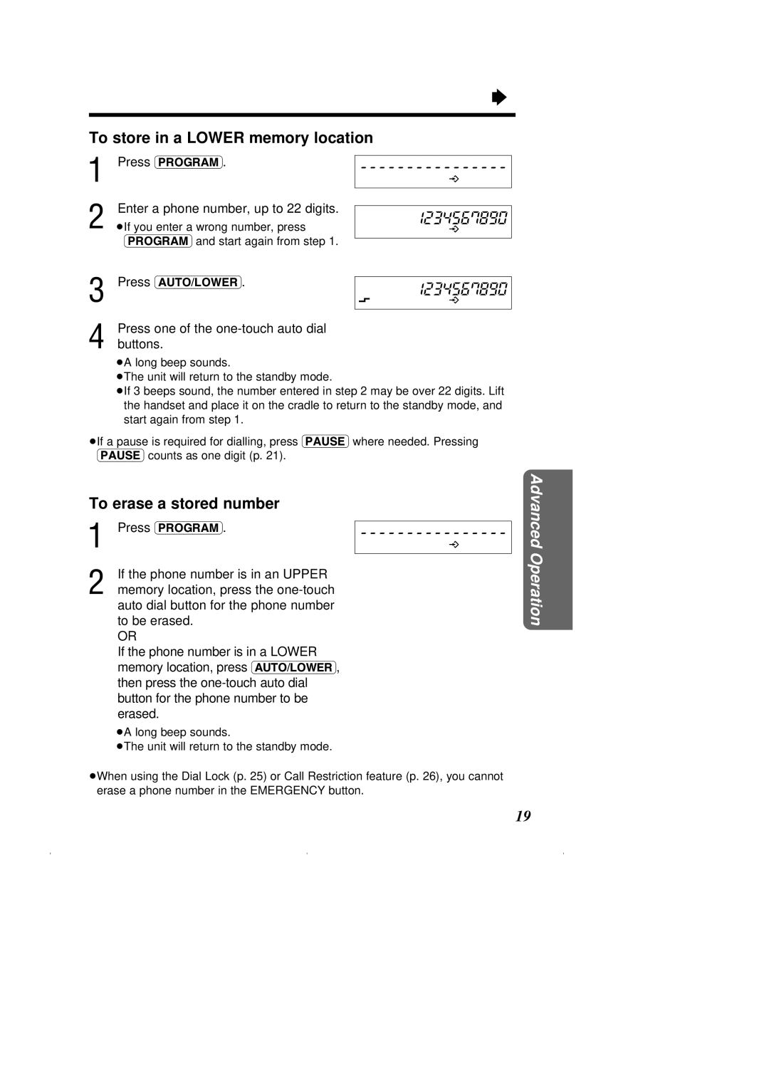 Panasonic KX-T2375ALW operating instructions To store in a Lower memory location, If the phone number is in an Upper 